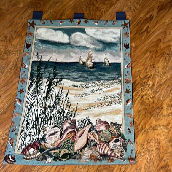 Seashore Tapestry 26 In X 38 In Wall Hanging Coastal Ocean Sea Shells Sand Boats - Picture 1 of 3